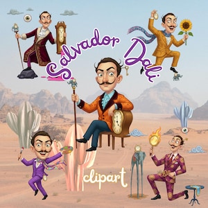May include: A digital illustration featuring multiple cartoon depictions of Salvador Dalí in various outfits, holding clocks, paintbrushes, and a sunflower. The text "Salvador Dalí" and "clipart" are also present. The background depicts a desert landscape.