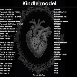 May include: Black graphic with a detailed anatomical heart illustration, surrounded by a decorative frame. Text lists various Kindle models, including Paperwhite, Fire HD, and Kobo devices. The words "Kindle model" are at the top.