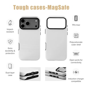 May include: A white dual-layer phone case labeled Tough cases-MagSafe. Features include an impact-resistant TPU liner, a polycarbonate outer shell, open ports for connectivity, and induction charger compatibility. The design shows front and back views.