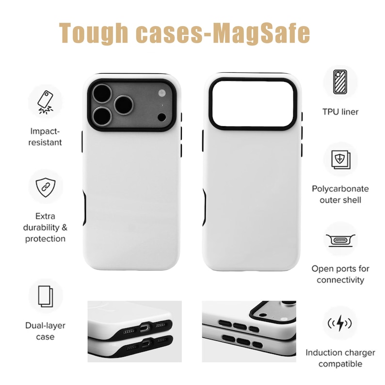 May include: A white dual-layer phone case labeled Tough cases-MagSafe. Features include an impact-resistant TPU liner, a polycarbonate outer shell, open ports for connectivity, and induction charger compatibility. The design shows front and back views.
