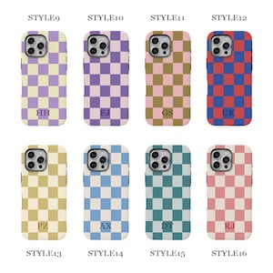 May include: Eight smartphone cases arranged in two rows, each featuring a checkered pattern in various color combinations. Each case displays two-letter initials at the bottom, labeled from STYLE9 to STYLE16 above and below the cases.