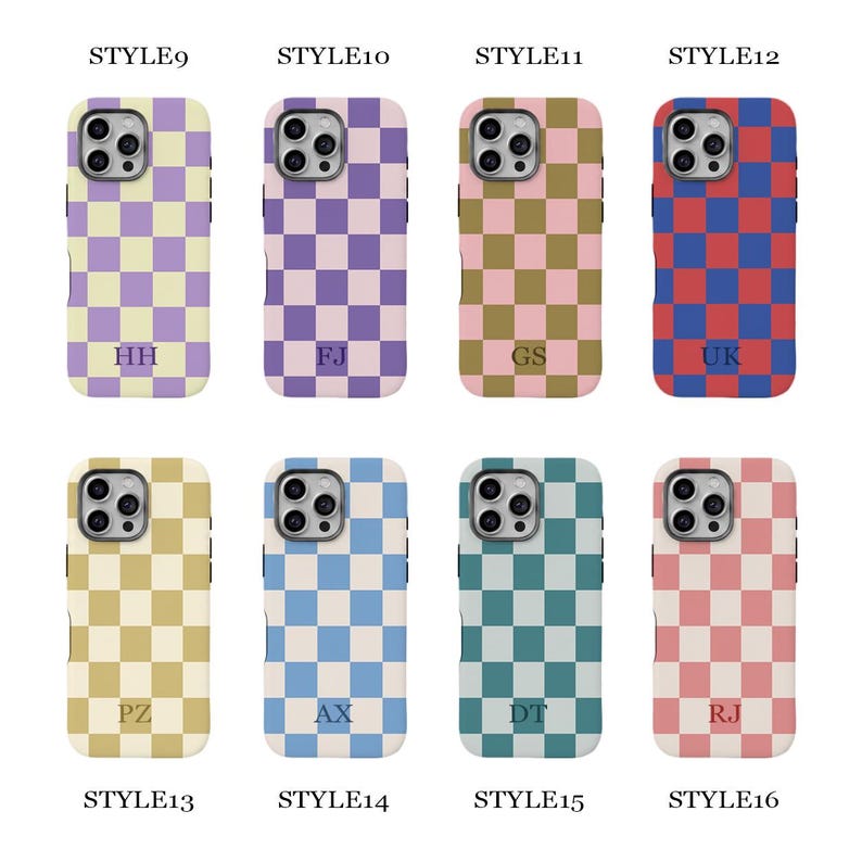 May include: Eight smartphone cases arranged in two rows, each featuring a checkered pattern in various color combinations. Each case displays two-letter initials at the bottom, labeled from STYLE9 to STYLE16 above and below the cases.