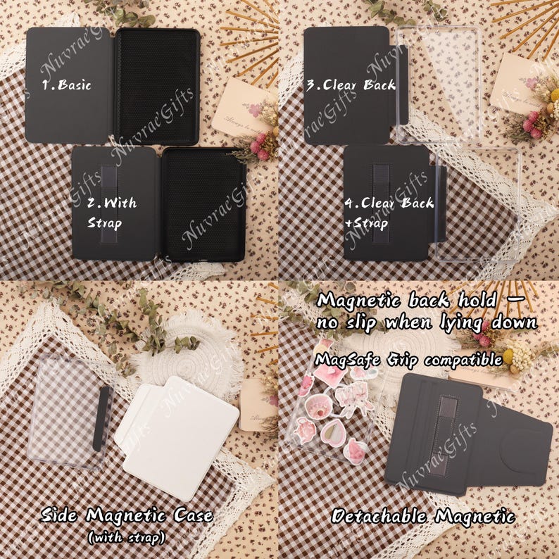 May include: A collection of black phone cases with various features, including a basic case, a case with a strap, a clear back case, and a clear back case with a strap. The cases are displayed on a patterned surface.