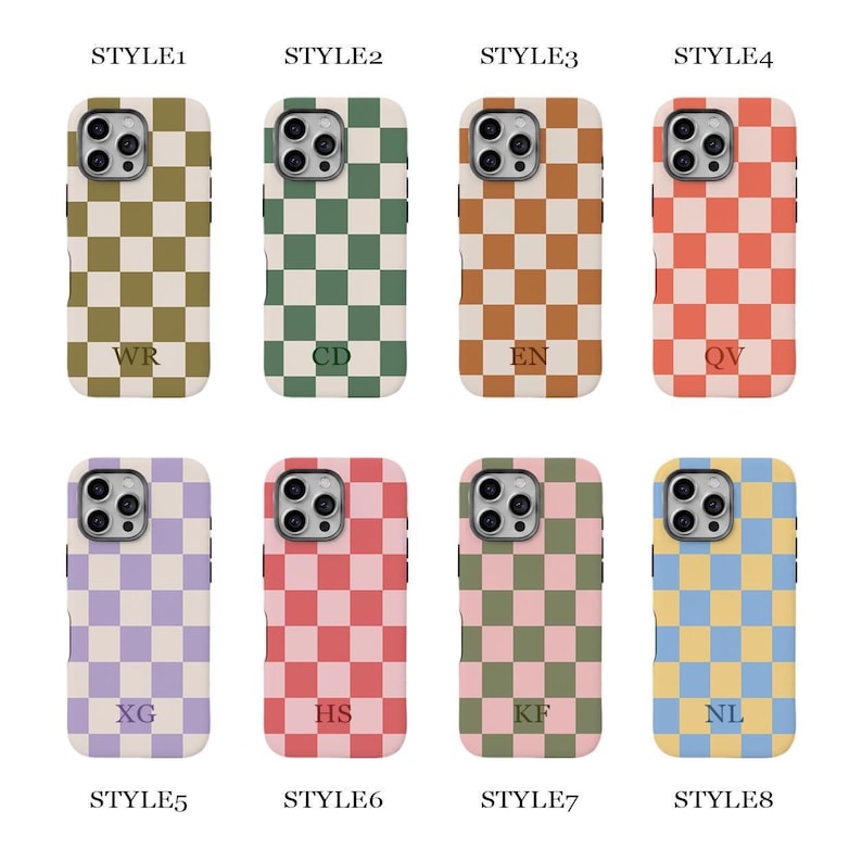 May include: Eight phone cases arranged in two rows, each featuring a two-tone checkerboard pattern and two-letter initials. The color combinations include olive, green, orange, red, purple, pink, sage, and blue, all paired with cream squares.