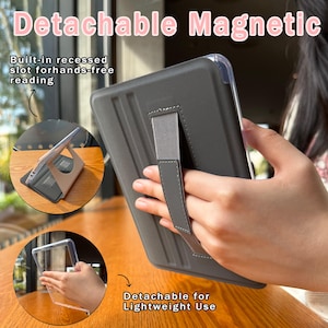 May include: A gray tablet case with a hand strap, shown with the text "Detachable Magnetic". The case has a built-in recessed slot for hands-free reading and is described as "Detachable for Lightweight Use".