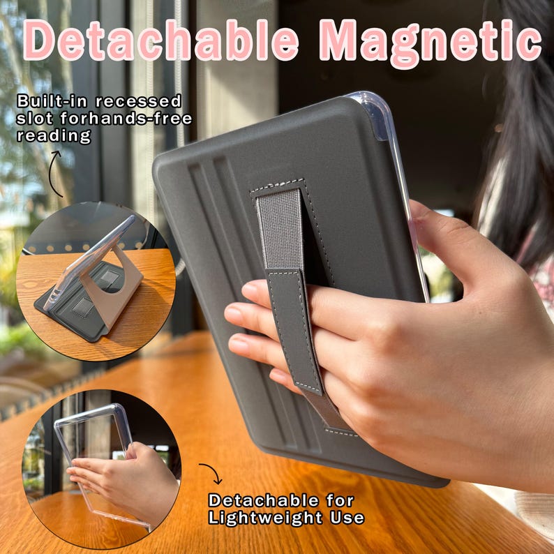 May include: A gray tablet case with a hand strap, shown with the text "Detachable Magnetic". The case has a built-in recessed slot for hands-free reading and is described as "Detachable for Lightweight Use".