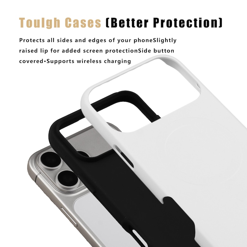 May include: A white and black phone case featuring the text Tough Cases (Better Protection), Protects all sides and edges of your phoneSlightly raised lip for added screen protectionSide button covered Supports wireless charging.