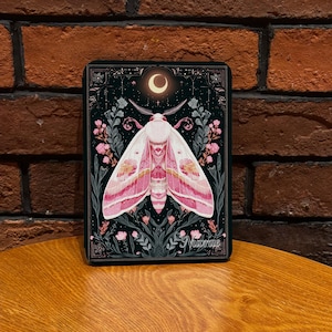 Puede incluir: Caja negra decorativa con una ilustración detallada de una polilla rosa y blanca, adornada con una luna creciente y elementos florales. La palabra "Nocturne" está escrita en la parte inferior.