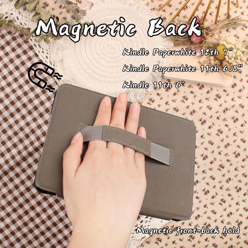 May include: A gray Kindle case with a hand strap, featuring the text "Magnetic Back" and "Magnetic front-back hold." Compatible with Kindle Paperwhite 12th 7", Kindle Paperwhite 11th 6.8", and Kindle 11th 6".