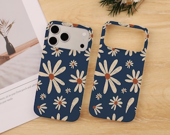 Navy Blue Daisy Phone Case, Retro Floral MagSafe Cover for iPhone 17 16 15 14 Pro Max, Samsung Galaxy S25 S24 S23 Ultra