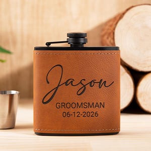 Groomsmen Gifts & Best Man Gifts, Personalized Engraved Leather Flask for Men, Classic 6OZ Flask for Groom