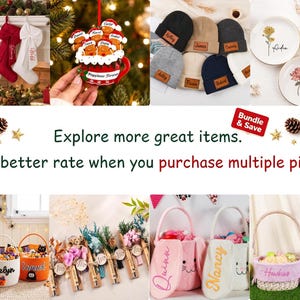 May include: A collection of personalised holiday items including red and white stockings, a gingerbread family ornament, beanies with leather patches, floral plates, and various fabric baskets with names like Madison, Evelyn, Samuel, Quinn, Nancy, and Hawkins.