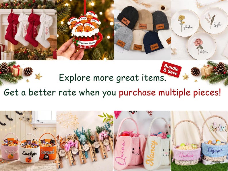 May include: A collection of personalised holiday items including red and white stockings, a gingerbread family ornament, beanies with leather patches, floral plates, and various fabric baskets with names like Madison, Evelyn, Samuel, Quinn, Nancy, and Hawkins.