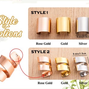 May include: Two styles of metal ear cuffs in rose gold, gold, and silver. Style 1 is a simple band measuring 1.5 cm by 1.5 cm. Style 2 is a spiral band measuring 1.5 cm by 2.4 cm, featuring a small heart cutout at the end of the metal band.