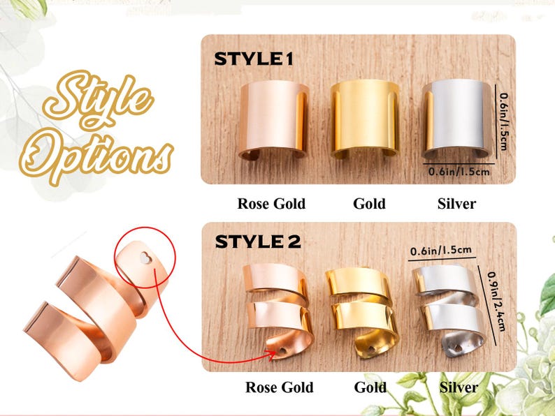 May include: Two styles of metal ear cuffs in rose gold, gold, and silver. Style 1 is a simple band measuring 1.5 cm by 1.5 cm. Style 2 is a spiral band measuring 1.5 cm by 2.4 cm, featuring a small heart cutout at the end of the metal band.