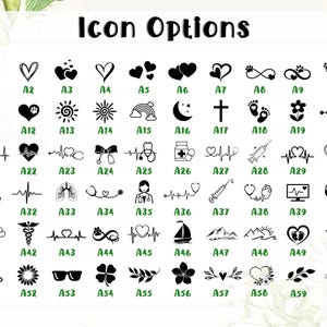 May include: A grid of sixty black graphic icons labelled A1 through A60, titled Icon Options. The collection features various symbols including hearts, medical equipment, nature elements, celestial bodies, and animals, all displayed on a white background.