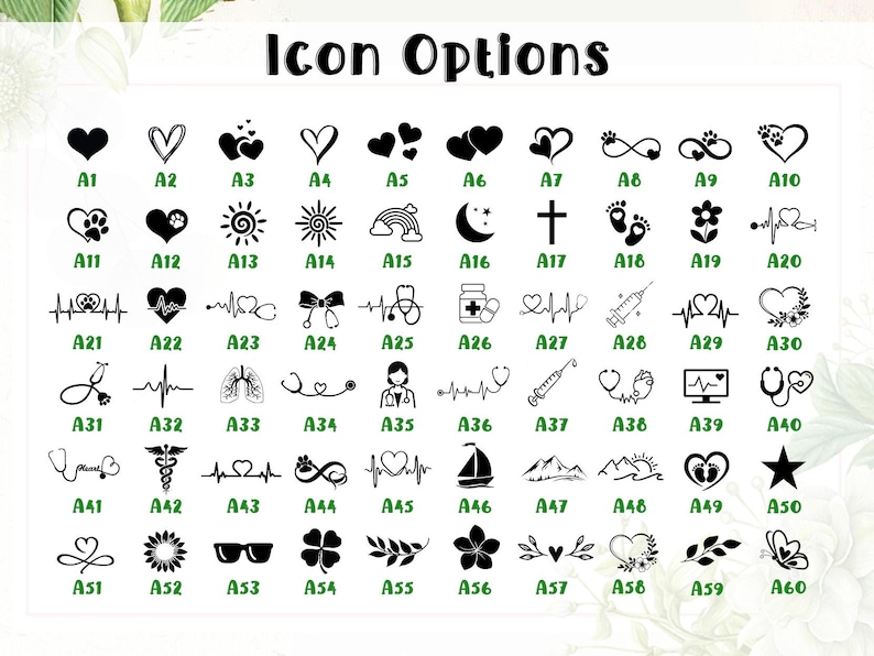 May include: A grid of sixty black graphic icons labelled A1 through A60, titled Icon Options. The collection features various symbols including hearts, medical equipment, nature elements, celestial bodies, and animals, all displayed on a white background.