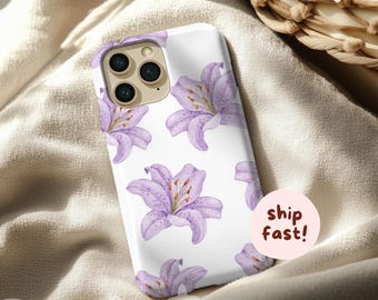 Purple Lily Floral Phone Case, Watercolor Pastel Flower iPhone Cover, Soft Botanical Aesthetic Case, Elegant Spring Floral Design for Her
