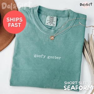 May include: A seafoam green short-sleeve t-shirt with the phrase "goofy goober" embroidered in white. A delicate necklace with a pendant rests on the shirt. The shirt has a vintage, washed look.