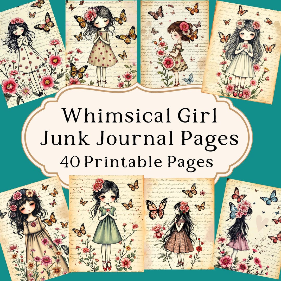 Printed Journal Example 40 Printable Junk Journal Pages - 20 Whimsical Girls, 20 Lined Pages ...