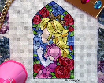 XSTITCH PATTERN Princess Peach Toadstool Stained Glass Window, with Daisy, Rosalina, and Pauline Variations, Cross Stitching