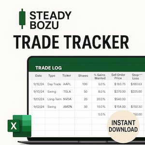 以下が含まれることがあります： ラップトップの画面には、「TRADE TRACKER」のスプレッドシートが表示され、日付、タイプ、ティッカー、株式数、価格情報などの株式データが含まれています。「STEADY BOZU」と「INSTANT DOWNLOAD」の文字も表示されています。