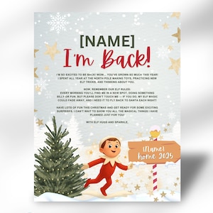 Puede incluir: Una impresión digital con temática navideña con el texto "I'm Back!" y "Name's home 2025". El diseño presenta un elfo, un árbol de Navidad, estrellas y copos de nieve sobre un fondo azul claro. Los logotipos de Canva y Digital Download son visibles.