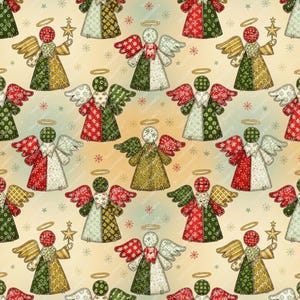 Può includere: Motivo ripetuto di angeli natalizi con aureole e ali. Gli angeli sono in vari colori, tra cui rosso, verde, bianco e oro. Alcuni angeli tengono stelle. Lo sfondo è una sfumatura di giallo e blu con piccoli fiocchi di neve.