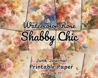 Strony dziennika Shabby Chic Rose Junk, vintage akwarelowe kwiatowe efemerydy do druku, romantyczny walentynkowy album ze zdjęciami