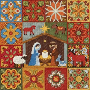 May include: A colorful, square, embroidered Christmas nativity scene. The central image depicts Mary, Joseph, and baby Jesus in a manger, surrounded by animals. The border features floral and geometric patterns in various colors.