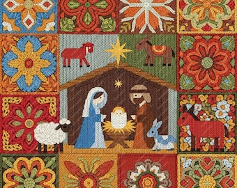 Wzór szopki bożonarodzeniowej bez szwu, imitacja dzianiny w kwadraty w stylu babci (pobranie cyfrowe)