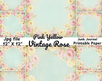 Strony do dziennika Vintage Rose Junk, różowo-żółte kwiatowe efemerydy, zestaw do druku Letni ogród