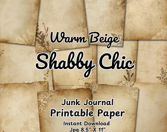 Ciepłe beżowe strony dziennika Shabby Chic Junk | Neutralny, vintage, sepiowy, koronkowy, grunge'owy album do druku