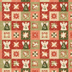May include: A repeating pattern of squares featuring angels and floral designs in red, green, and cream colours. The angels are depicted with wings and holding flowers. The floral designs include various flower and star shapes.