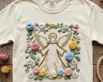 Złoty haftowany anioł PNG, imitacja przędzy kwiatowej PNG, świąteczna sublimacja i projekt DTF