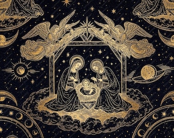 Cyfrowy papier „Niebiańskie Narodzenie”, złoty i czarny wzór bez szwu, Święta Rodzina, vintage scrapbooking i sztuka