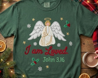 Sztuczny haft świąteczny Anioł Jana 3:16 PNG, sublimacja chrześcijańskiego wersetu biblijnego „Jestem kochany”