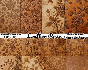 Cyfrowy papier z wytłaczaną skórą i motywem róży | Wytłoczone strony dziennika z kwiatowymi śmieciami do druku (pobranie cyfrowe)