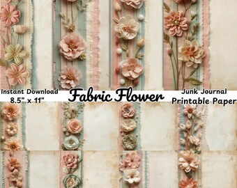 Cyfrowy papier z motywem kwiatów z tkaniny | Pastelowe tekstylne strony dziennika z kwiatowymi śmieciami do druku | Album ze scrapbookingiem w stylu shabby chic