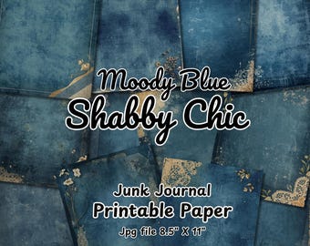Moody Blue Junk Journal Pages, Shabby Chic Denim Printable Vintage Grunge Victorian Lace Scrapbook