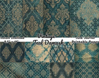 Strony dziennika śmieci w kolorze głębokiego turkusu z damaszku | Tkanina brokatowa w stylu vintage do druku | Album ze scrapbookingiem Dark Academia