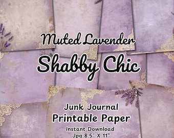 Cyfrowy papier w kolorze stonowanej lawendy w stylu shabby chic | Strony Junk Journal (do pobrania w wersji cyfrowej)