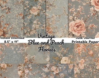 Vintage Blue Floral Junk Journal Pages Shabby Chic Digital Paper Grunge Ephemera Printable