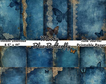 Strony dziennika śmieci w stylu Moody Blue Butterfly, papier cyfrowy w kolorze indygo grunge do druku