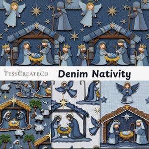 May include: A repeating pattern of denim-style nativity scenes, angels, and stars. The text "Denim Nativity" is displayed in white. The illustrations feature Mary, Joseph, baby Jesus, and the three wise men. The background is a dark blue denim texture.