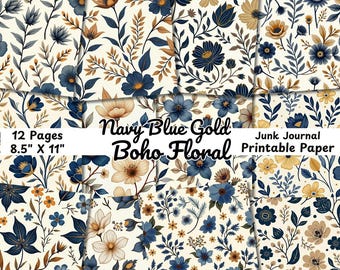Granatowo-złote strony dziennika z kwiatowymi śmieciami | Botaniczny album do druku | Boho Ephemera