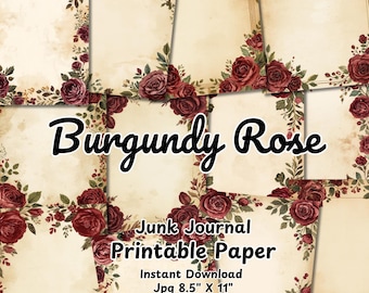 Strony do dziennika śmieci z bordową różą i kwiatowym obramowaniem | Antyczny pergamin, akwarela, vintage, botaniczny album do druku