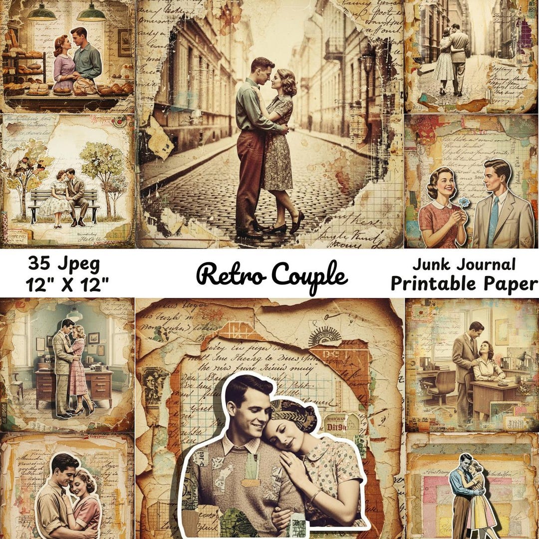 Vintage Valentines Junk Journal Page, Retro Couple Digital Paper, Mid ...