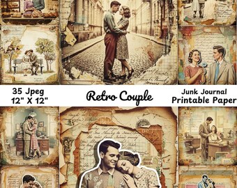 Strona dziennika walentynkowego z motywem śmieci, papier cyfrowy dla par w stylu retro, zestaw do scrapbookingu z połowy XX wieku, efemerydy