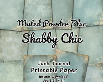 Przytłumione, pudrowo-błękitne strony dziennika Shabby Chic Junk | Wydrukowany album ze zdjęciami w kolorze delikatnego błękitu z koronką w stylu vintage